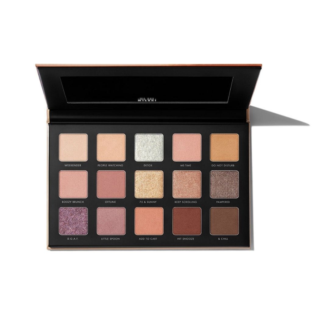 Makeup palette with various shades on a white background