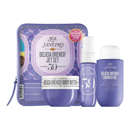 Sol de Janeiro Delicia Drench Jet Set with body butter, shower oil, and perfume on a white background