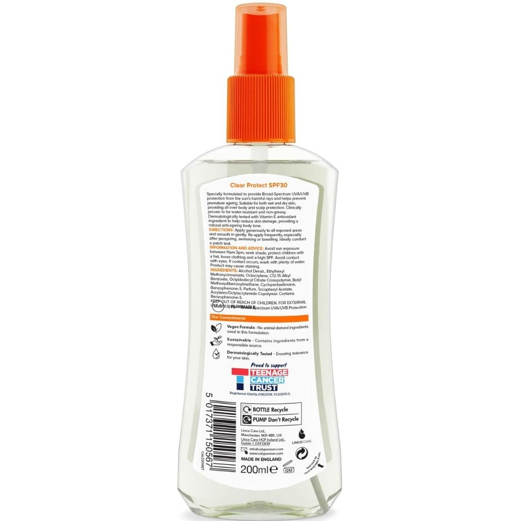 Clear spray bottle with orange nozzle on a white background