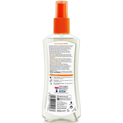 Clear spray bottle with orange nozzle on a white background