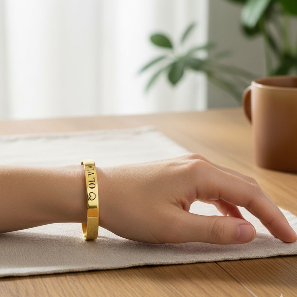 Hand wearing a gold bracelet on a wooden table with a blurred background