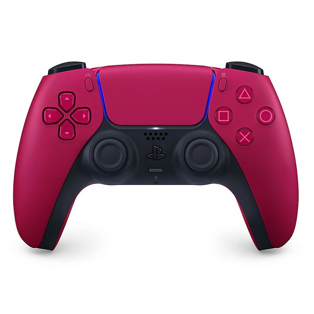 Red and black gaming controller on a white background