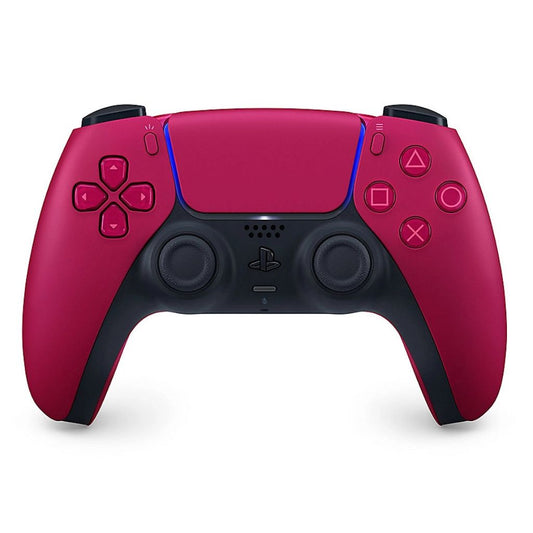 Red and black gaming controller on a white background