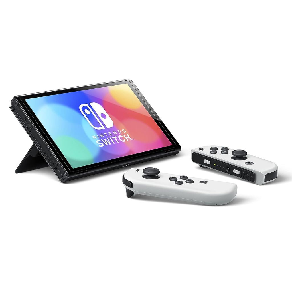 Nintendo Switch console with two controllers on a white background
