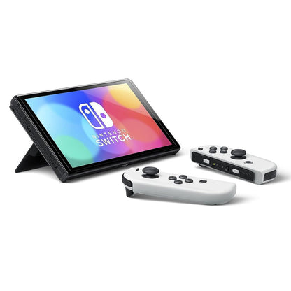Nintendo Switch console with two controllers on a white background