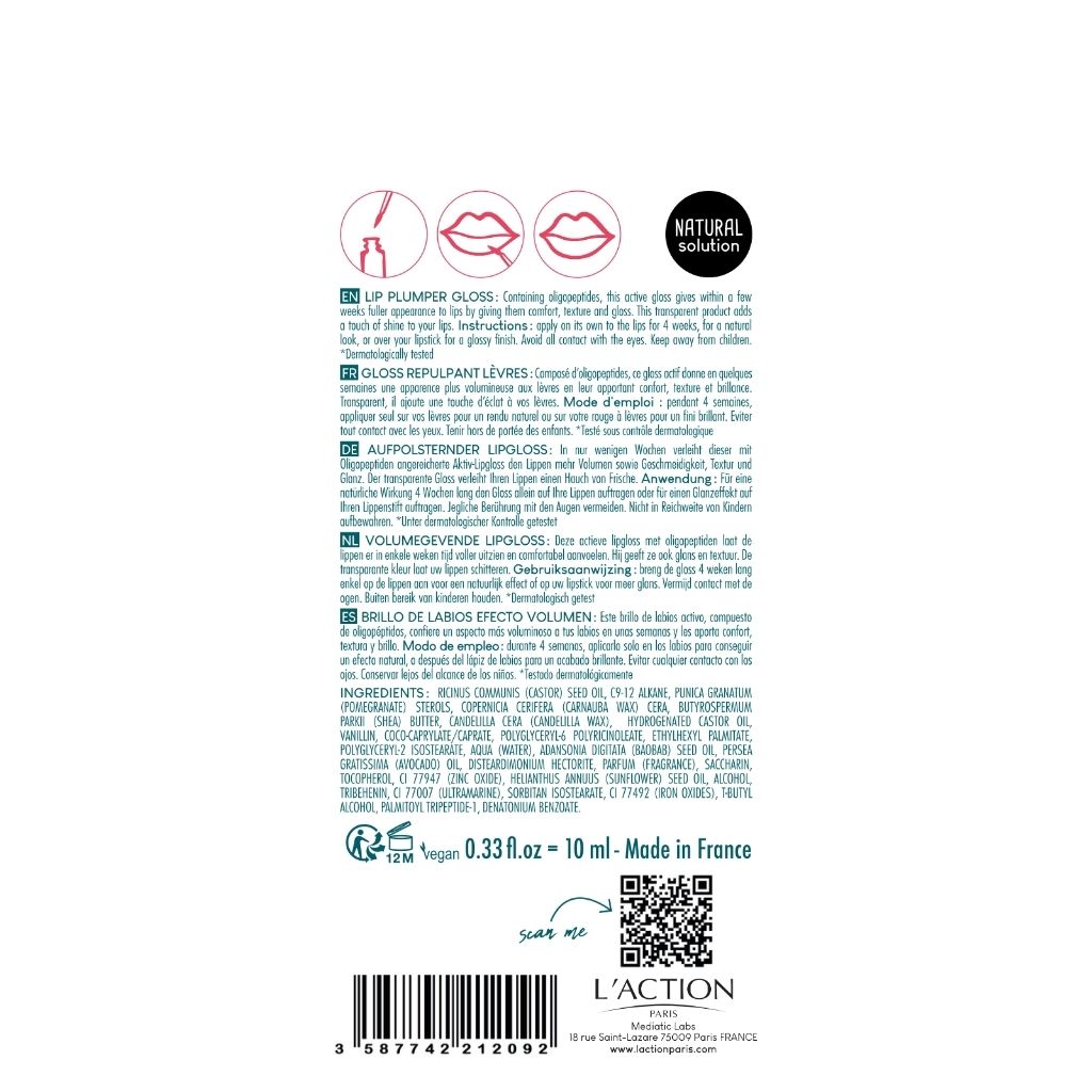 Back of a cosmetic product packaging with text, icons, and branding.