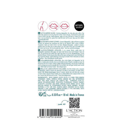 Back of a cosmetic product packaging with text, icons, and branding.