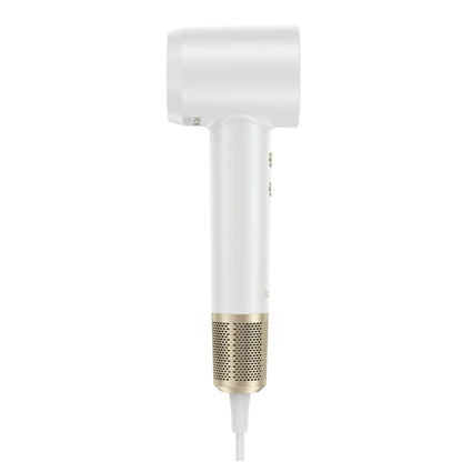 White hair dryer with gold accents on a white background