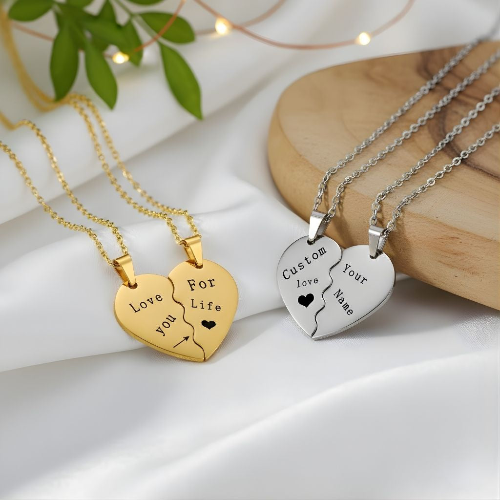 Personalized Quote or Name Split Heart Necklace Set