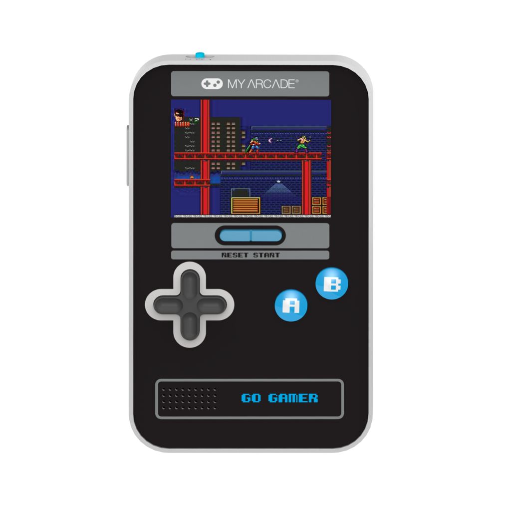Black handheld gaming device with screen displaying a classic arcade game, brand 'My Arcade' visible.