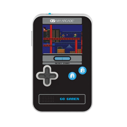 Black handheld gaming device with screen displaying a classic arcade game, brand 'My Arcade' visible.