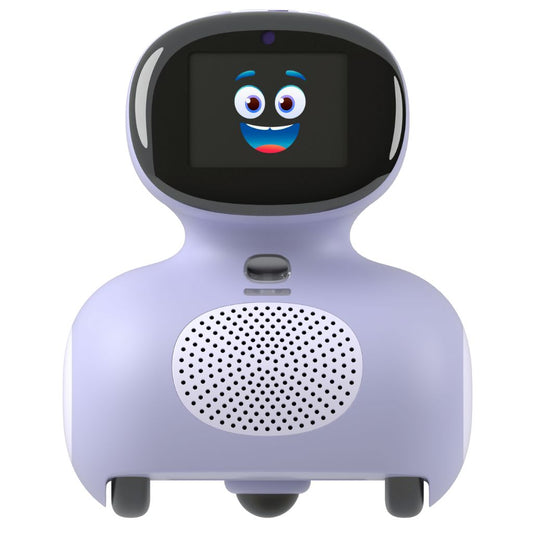 Children's robot toy with a smiling face on a white background