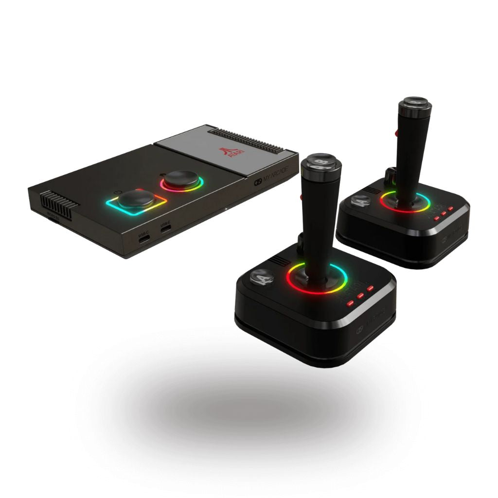 Black gaming console with two joysticks on a white background