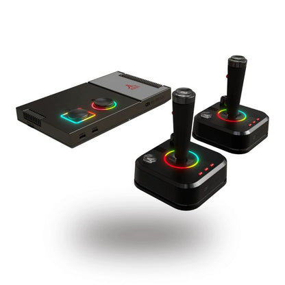 Black gaming console with two joysticks on a white background