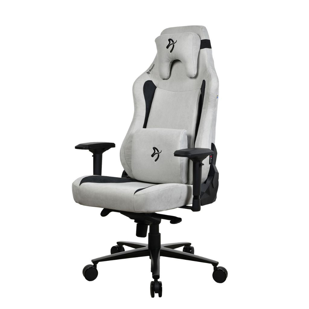 White gaming chair with black accents on a white background