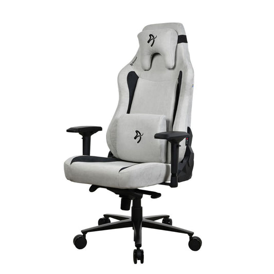 White gaming chair with black accents on a white background