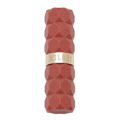 Red textured lipstick with 'Milani' branding on a white background