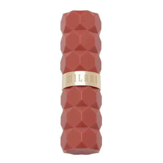 Red textured lipstick with 'Milani' branding on a white background