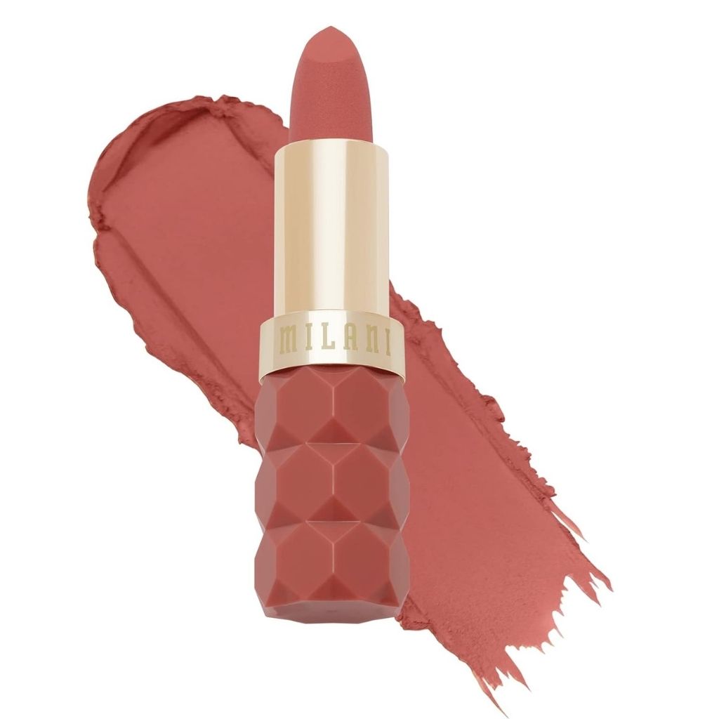 Lipstick with a textured design and visible brand name on a white background