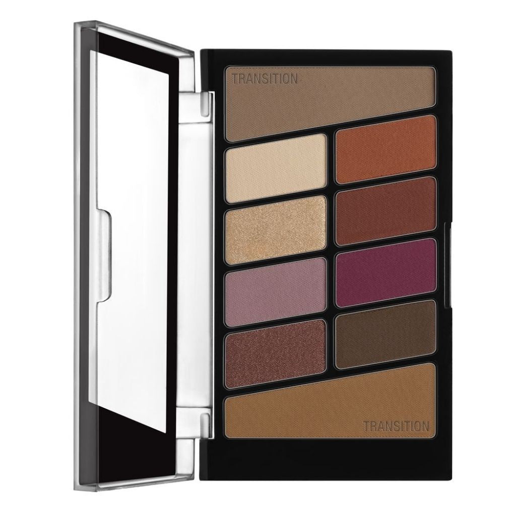 Makeup palette with various shades of eyeshadows on a white background