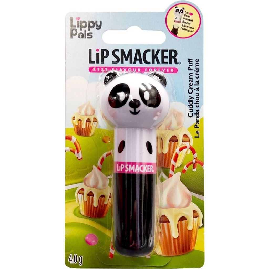 Lip Smacker Lippy Pals panda-shaped lip balm packaging with colorful background