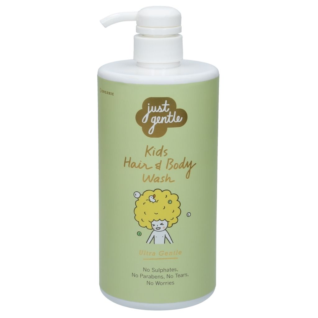 Green bottle of 'just gentle' Kids Hair & Body Wash with a white pump on a white background.
