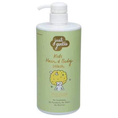 Green bottle of 'just gentle' Kids Hair & Body Wash with a white pump on a white background.