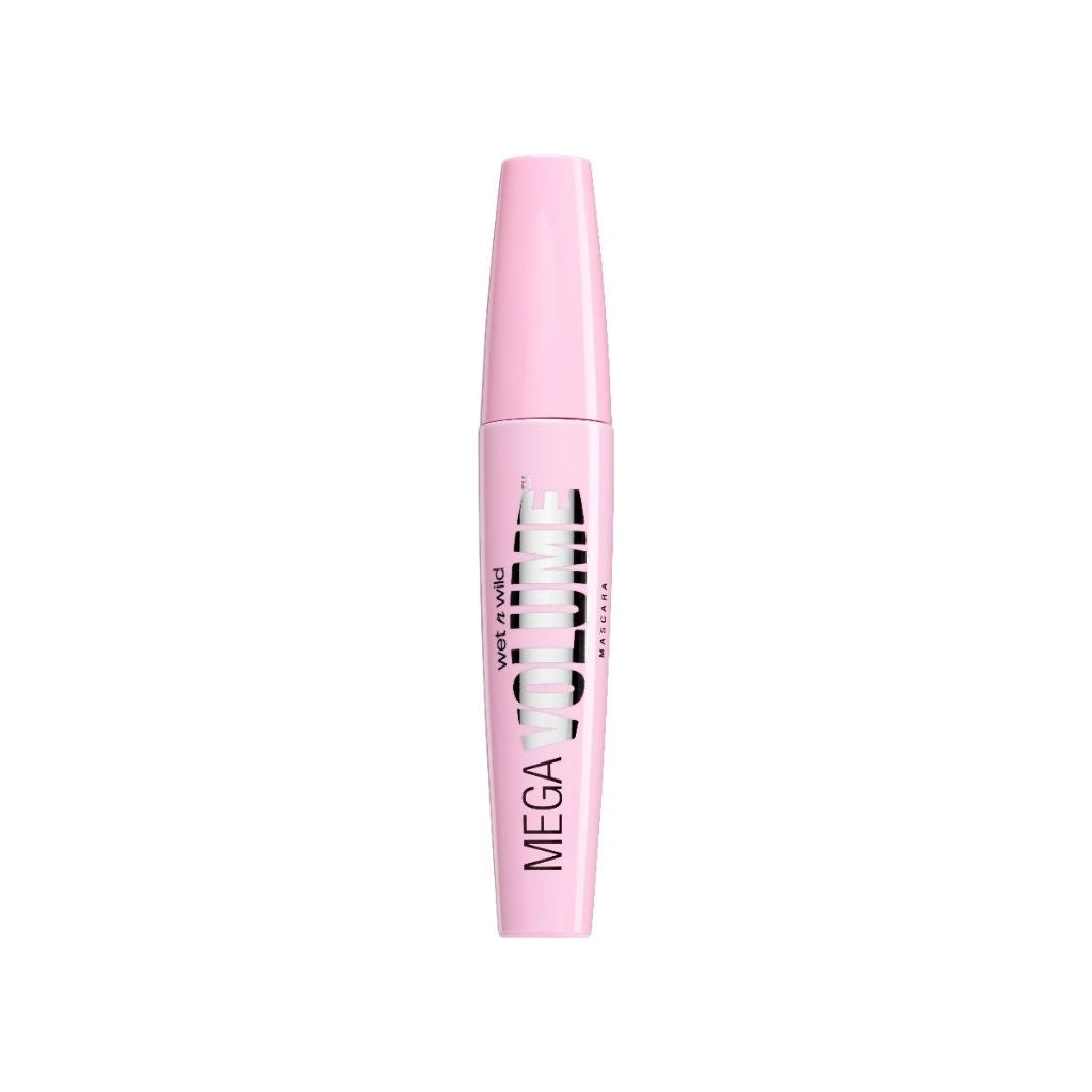 Pink mascara tube with 'Mega Volume' text on a white background
