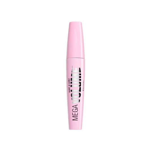 Pink mascara tube with 'Mega Volume' text on a white background