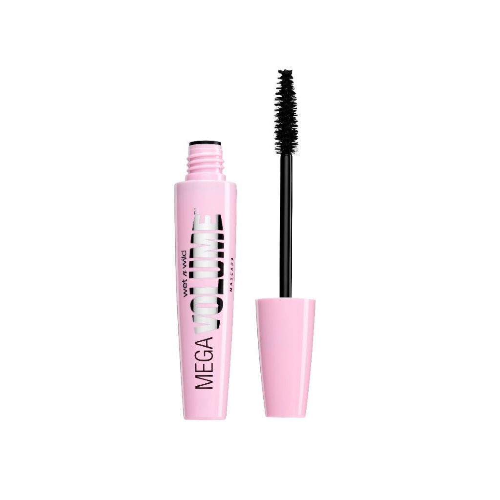 Pink mascara with black wand on a white background