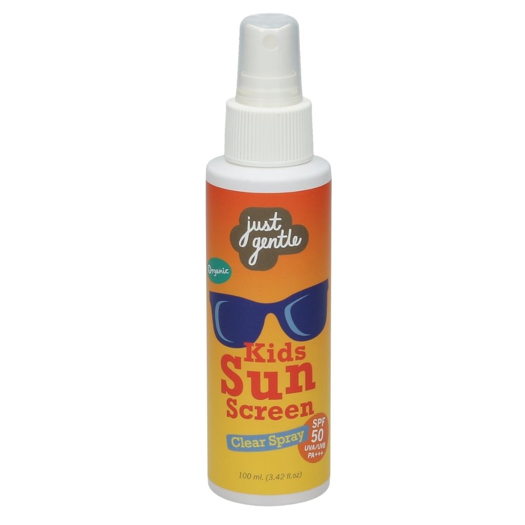 Bottle of Just Gentle Kids Sunscreen spray on a white background
