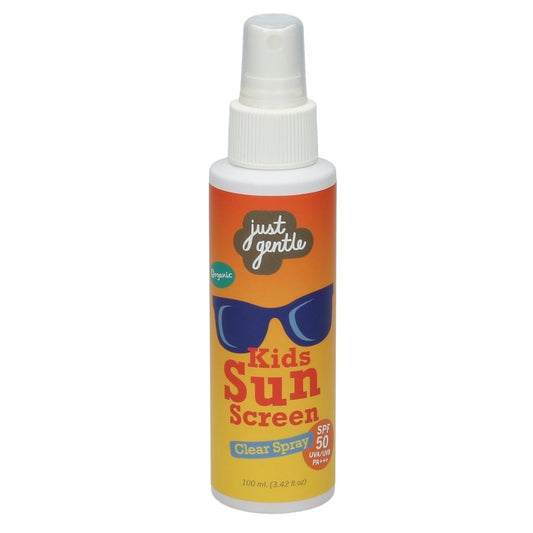 Bottle of Just Gentle Kids Sunscreen spray on a white background