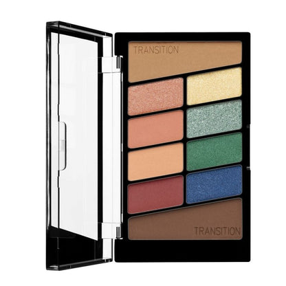Makeup palette with various colors on a white background