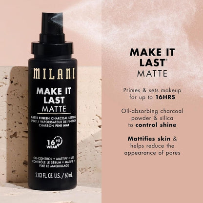 MILANI MAKE IT LAST MATTE spray bottle with product details on a beige background