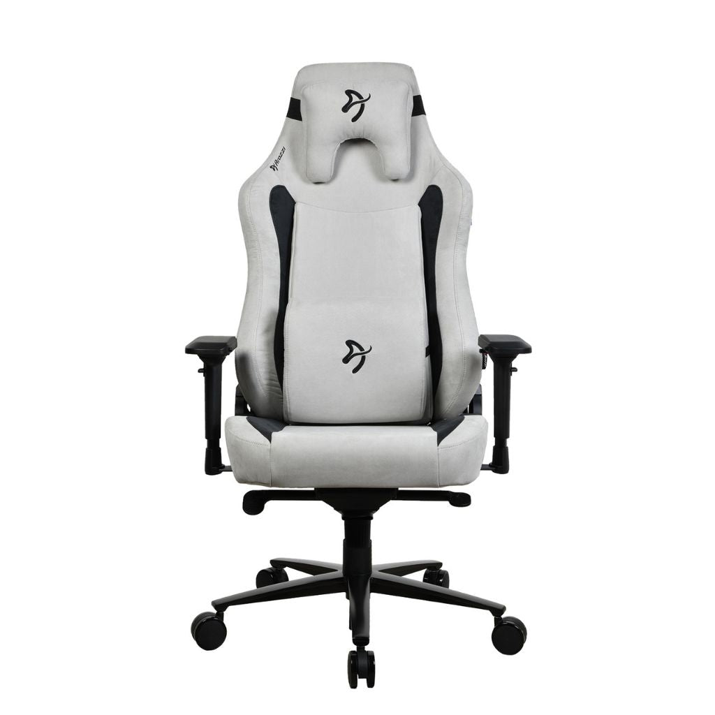 White gaming chair with black accents on a white background