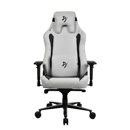 White gaming chair with black accents on a white background