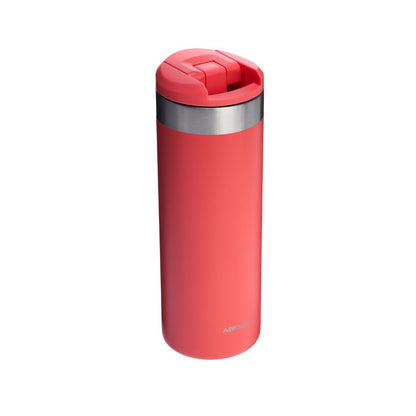 Red thermos with silver base on a white background