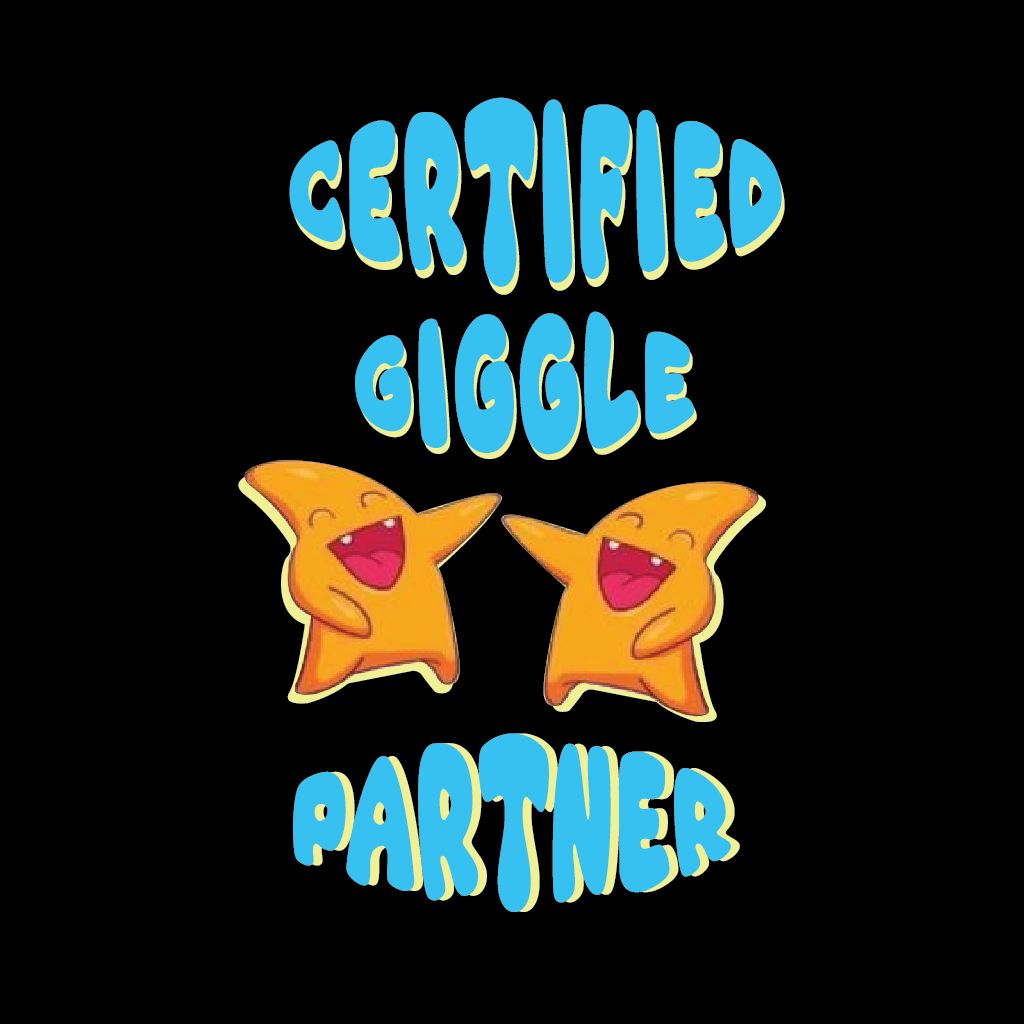 Two cartoon stars with a 'Certified Giggle Partner' text on a black background