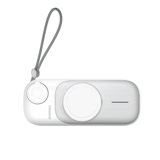 White portable device with a strap on a white background