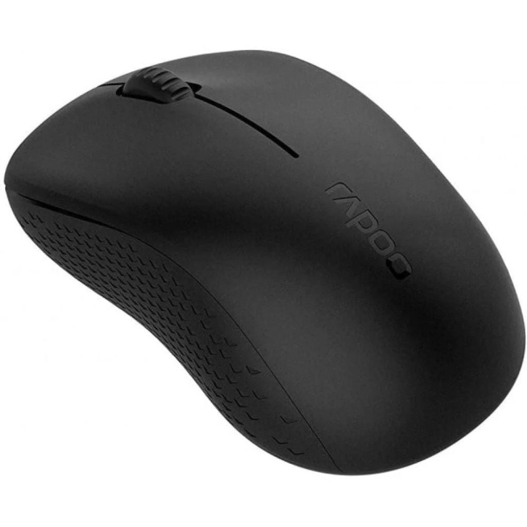 Black computer mouse with a brand logo on a white background