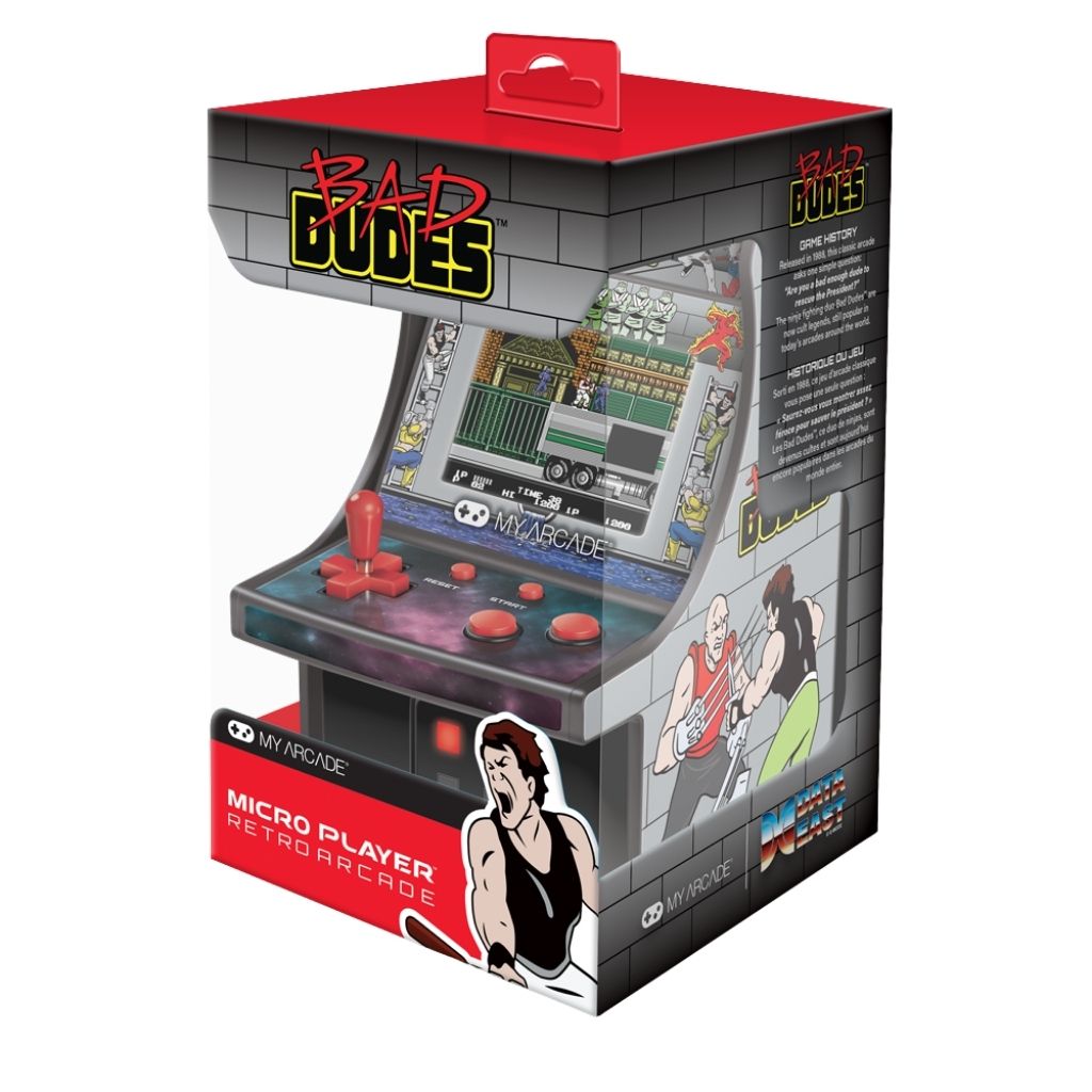 Retro arcade machine toy with 'Bad Dudes' branding on its packaging