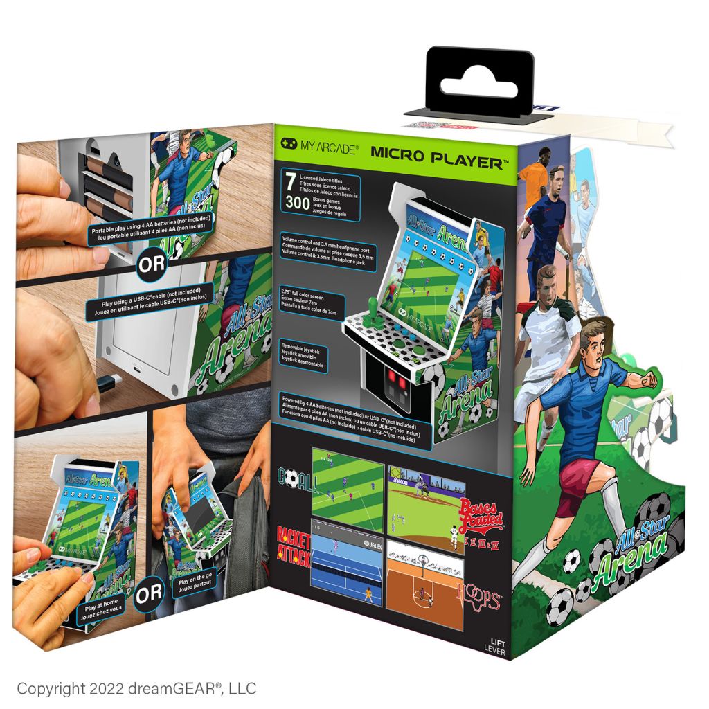 Micro player packaging with images of a person using the device and soccer-themed graphics.