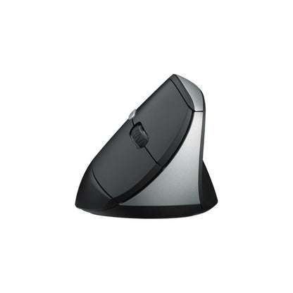 Black and silver ergonomic mouse on a white background