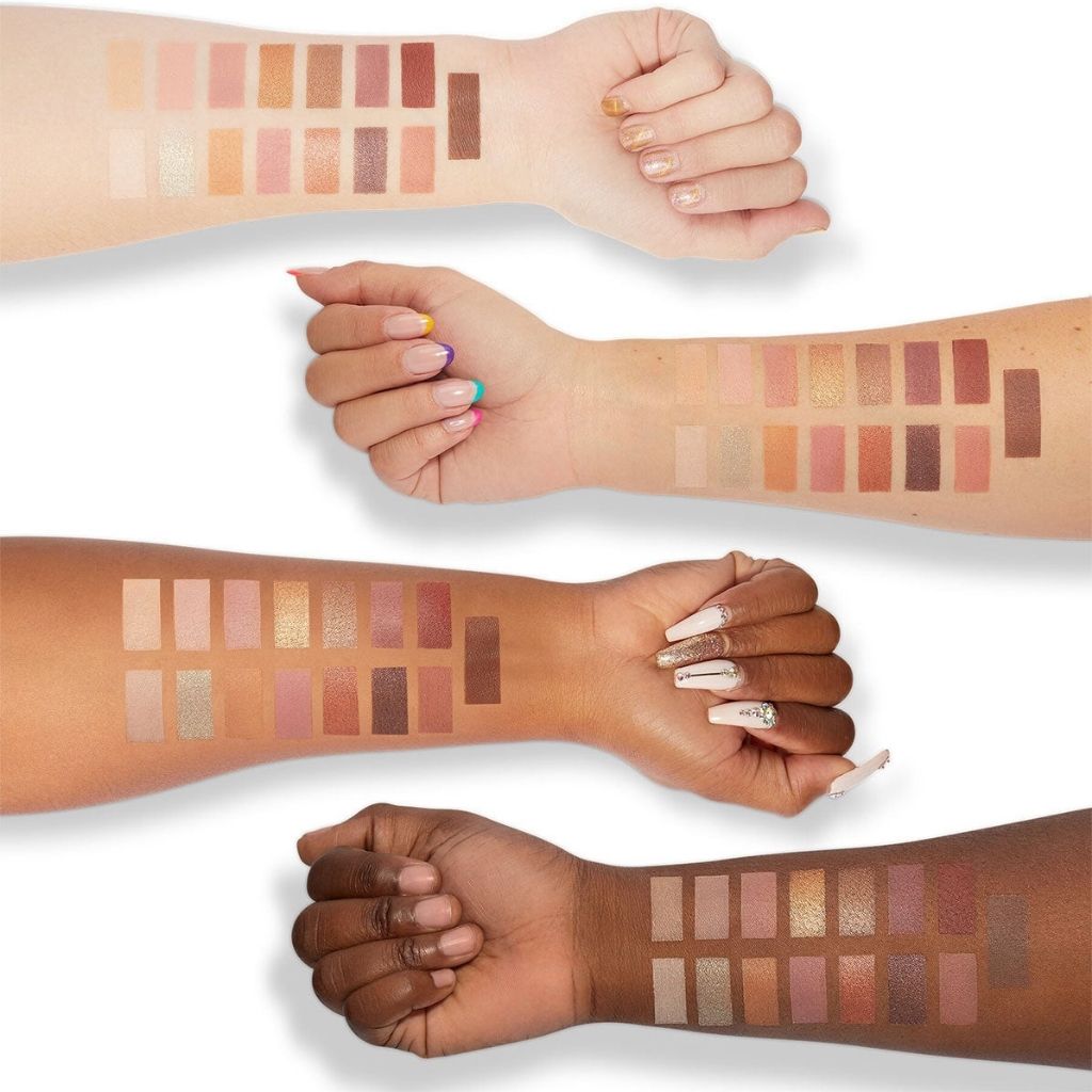 Makeup swatches on various skin tones with a neutral background