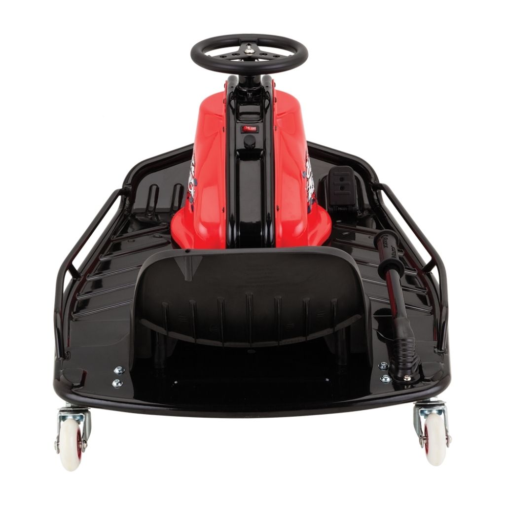 Black and red toy car with steering wheel on a white background