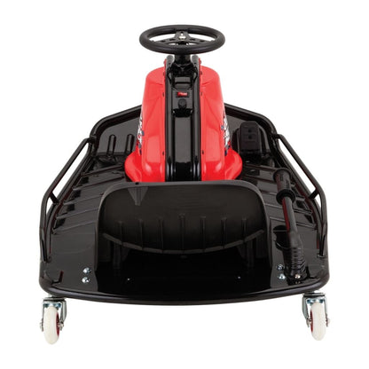 Black and red toy car with steering wheel on a white background