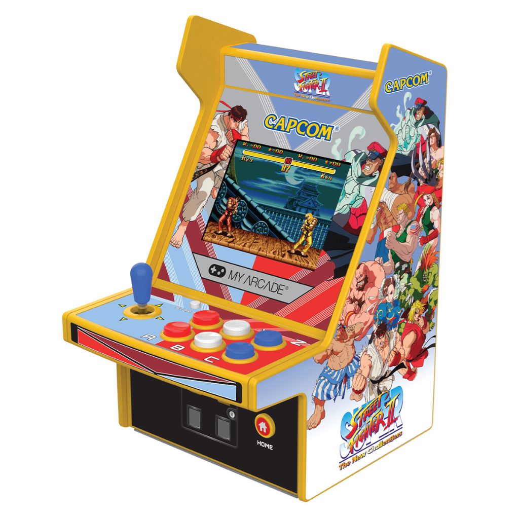 Capcom arcade machine with colorful design on a white background