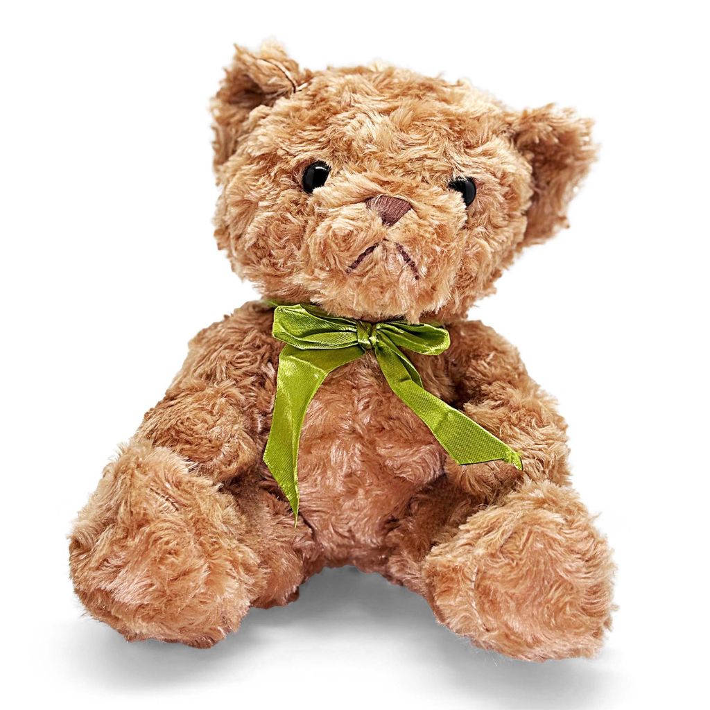 Brown teddy bear with a green bow on a white background