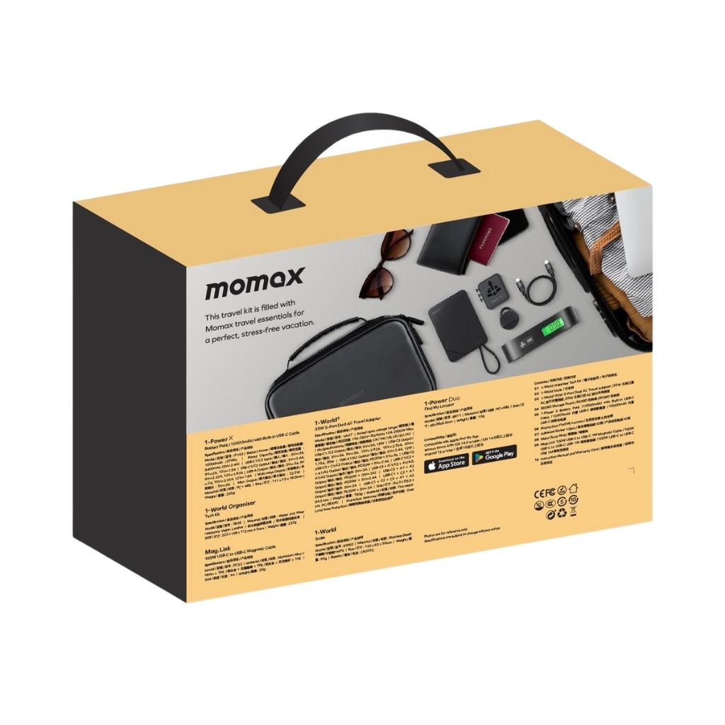 Momax 1-World Travel Essential Kit – 35W Adapter, 10K Power Bank, Cable, Tracker, Weighing Scale & Pouch