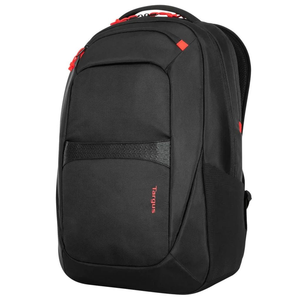 Black backpack with red accents on a white background